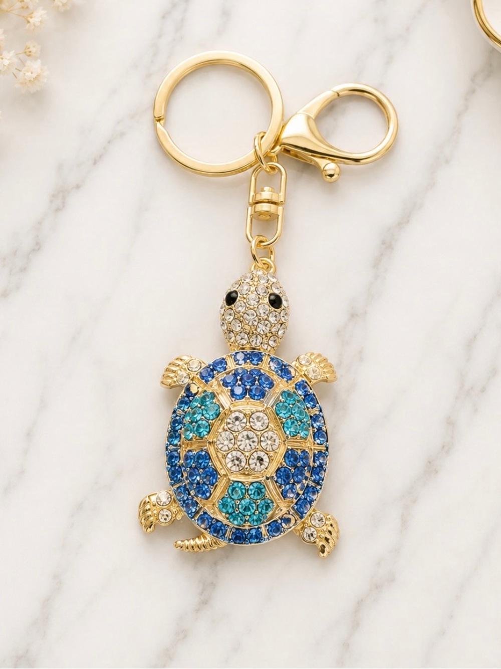 Bag Charm/Keyring-Blue Rhinestone Bobble Head Turtle-Gold Hardware